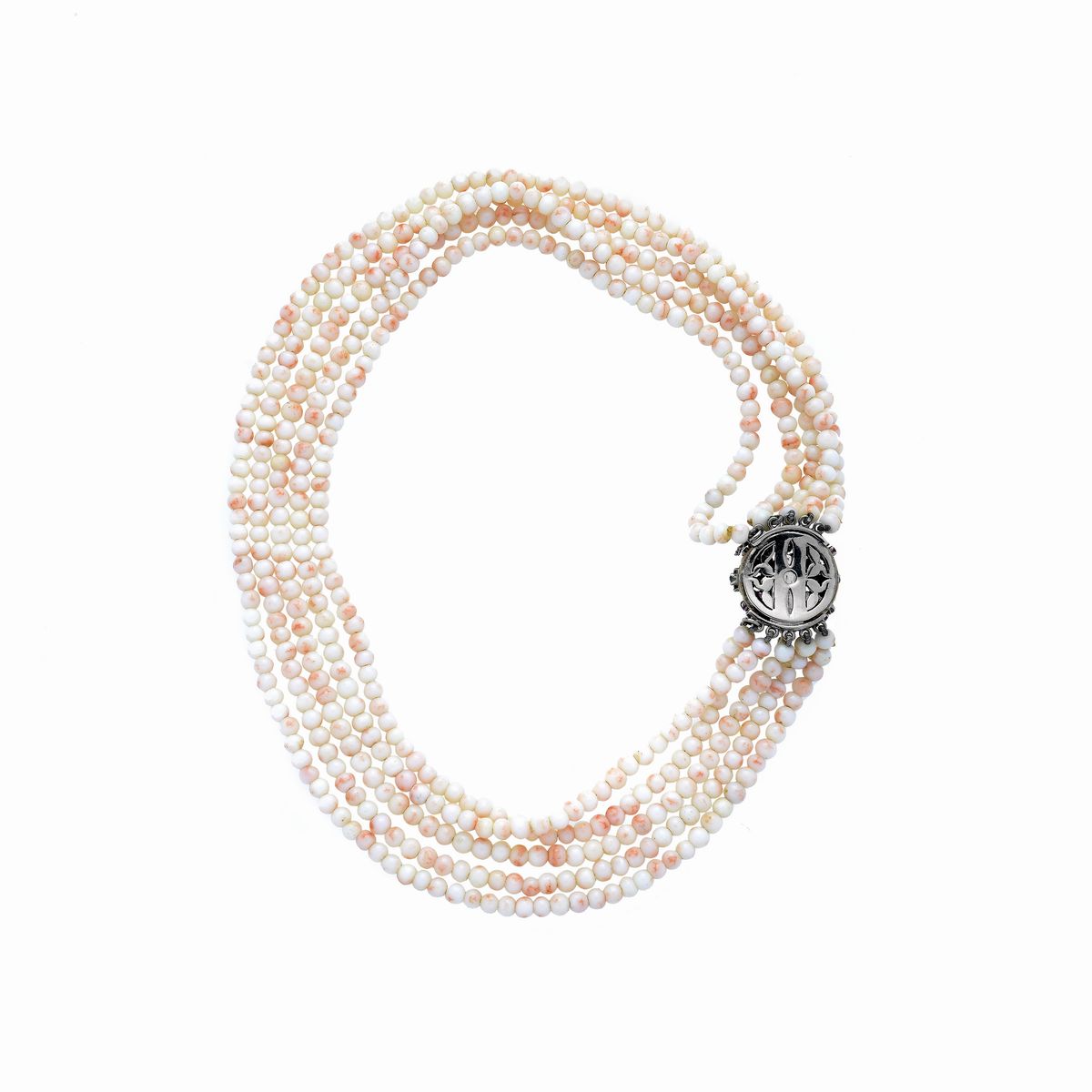 Girocollo in corallo rosa, oro bianco, oro giallo, diamanti, smeraldi e rubini