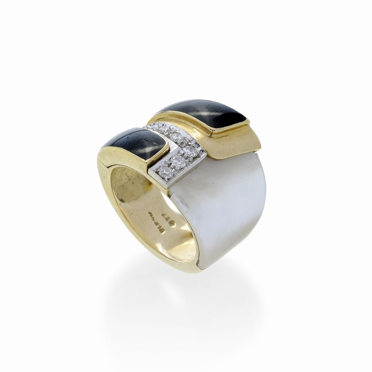 Anello a Fascia in Oro Giallo, Oro Bianco Madreperla, Diamante e Smalto Nero