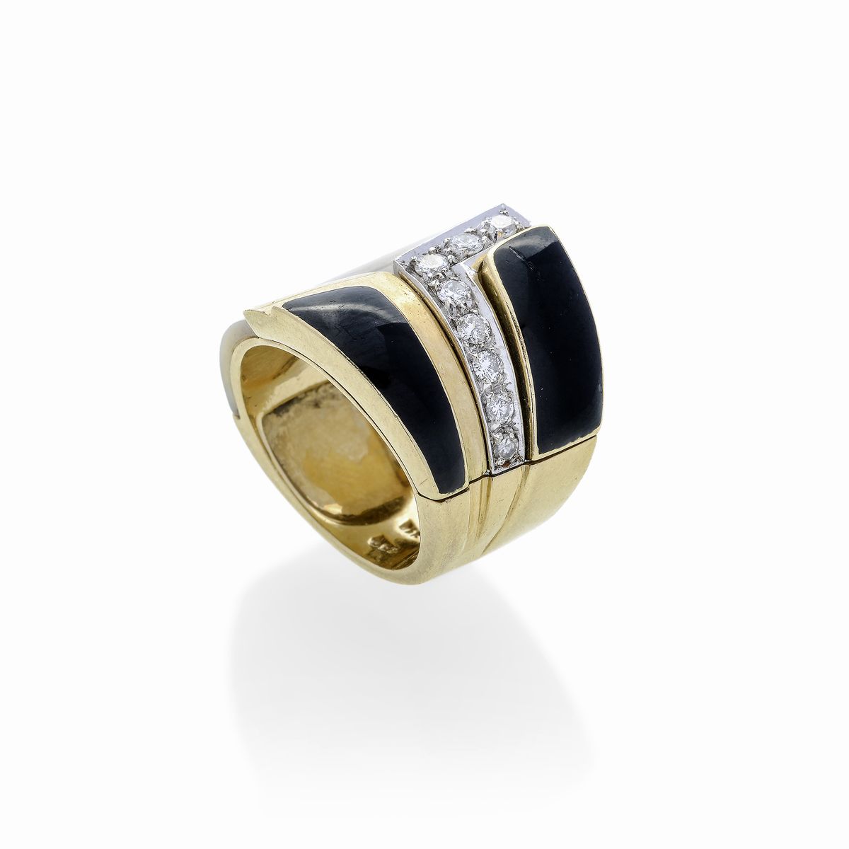 Anello a Fascia in Oro Giallo, Oro Bianco Madreperla, Diamante e Smalto Nero