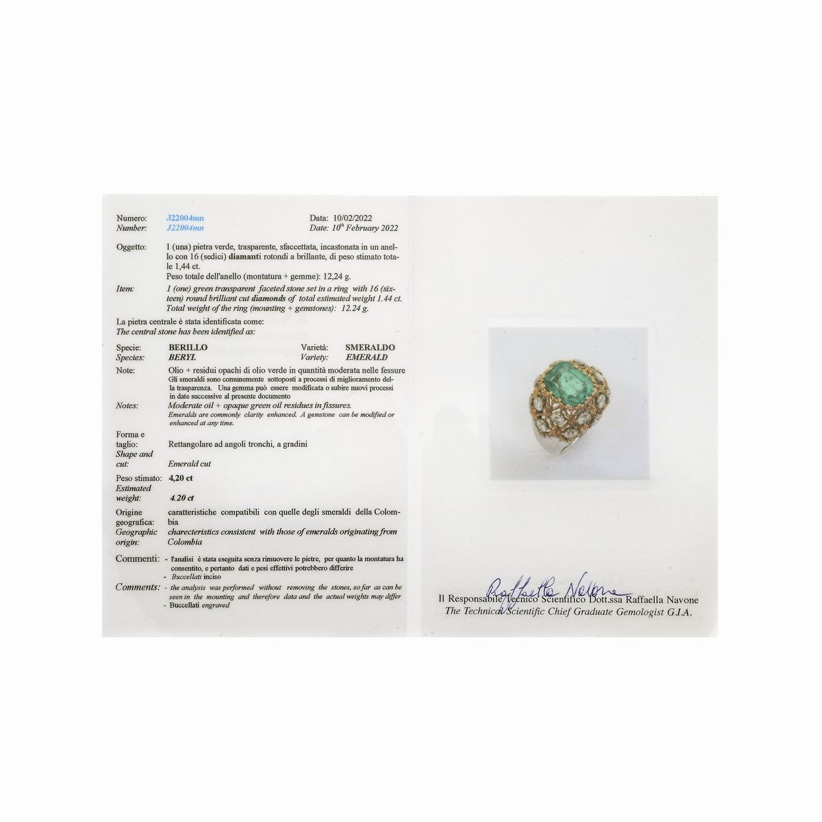 Anello in oro bianco, giallo, diamanti e smeraldo colombiano Buccellati
