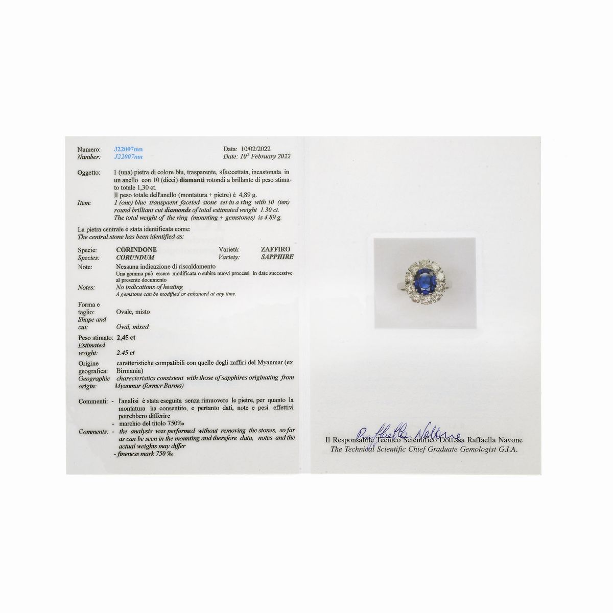 Anello a margherita in oro bianco, diamanti e zaffiro Birmano naturale