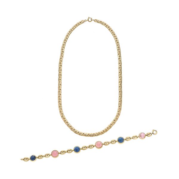 Necklace and bracelet in yellow gold, hard blue stone and pink quartz