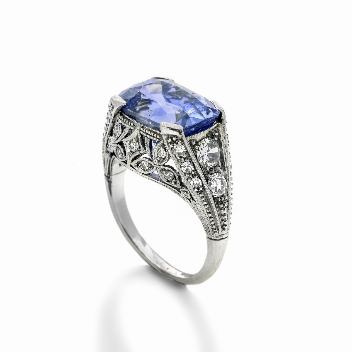 Anello in platino, diamanti e zaffiro Sri Lanka naturale non scaldato