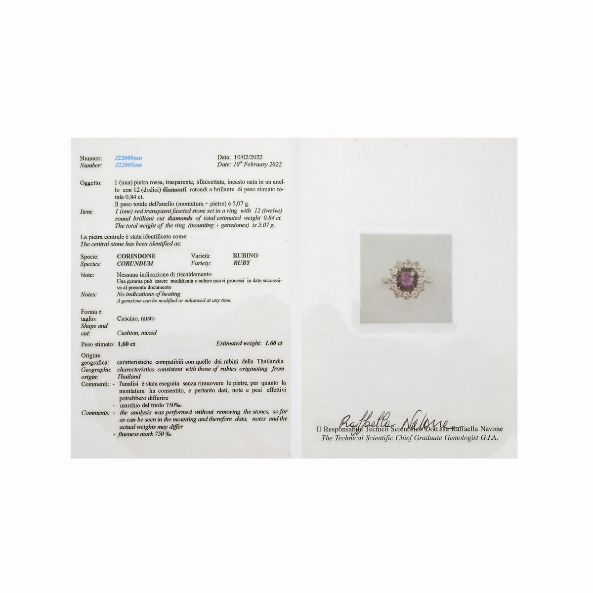 Anello a margherita in oro bianco, diamanti e rubino Thailandia naturale