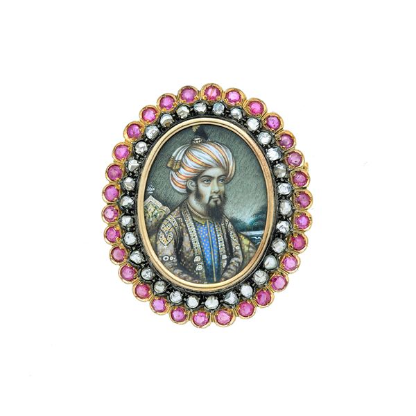 Portrait of a sultan in yellow gold, silver, diamonds and rubies