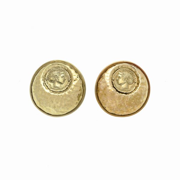 Pair of large yellow gold earrings with coins