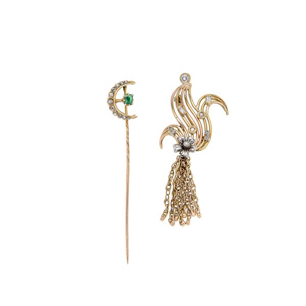 Floral brooch in yellow gold, white gold and diamonds and tie pin  (Fifties)  - Auction Auction of antique and modern Jewelry and Wristwatches - Curio - Casa d'aste in Firenze