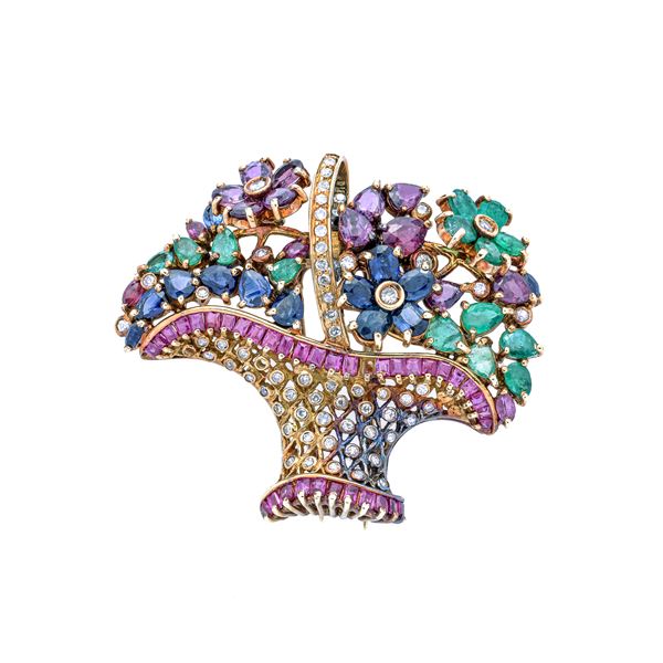 Basket clip in yellow gold, diamonds, rubies, sapphires and emeralds