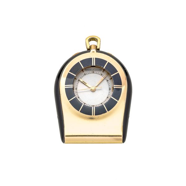 Jaeger Le Coultre travel alarm clock, in gilt metal and enamel