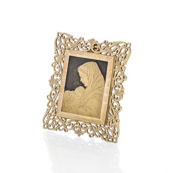 Icona sacra da tavolo in oro giallo raffigurante Madonna con Bambino