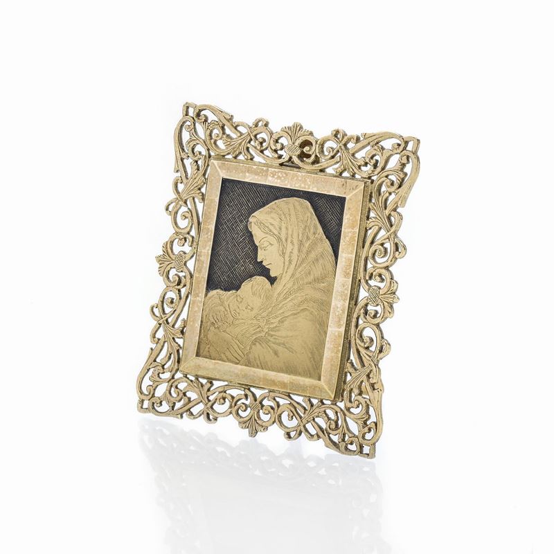 Icona sacra da tavolo in oro giallo raffigurante Madonna con Bambino
