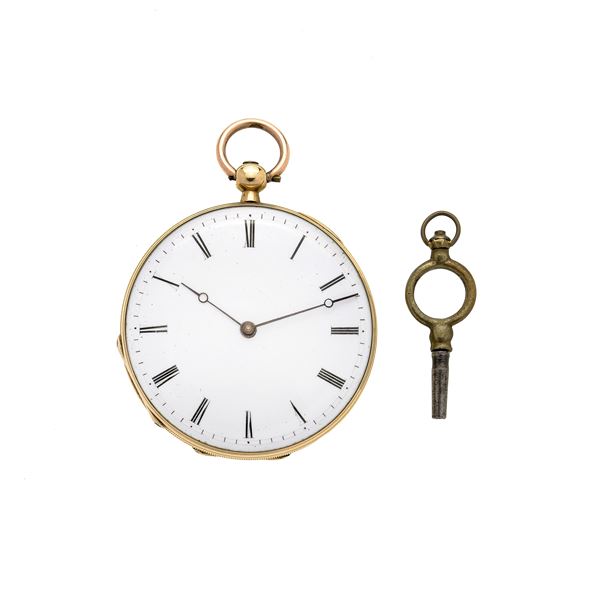 Yellow gold pocket watch with engraved pantheon