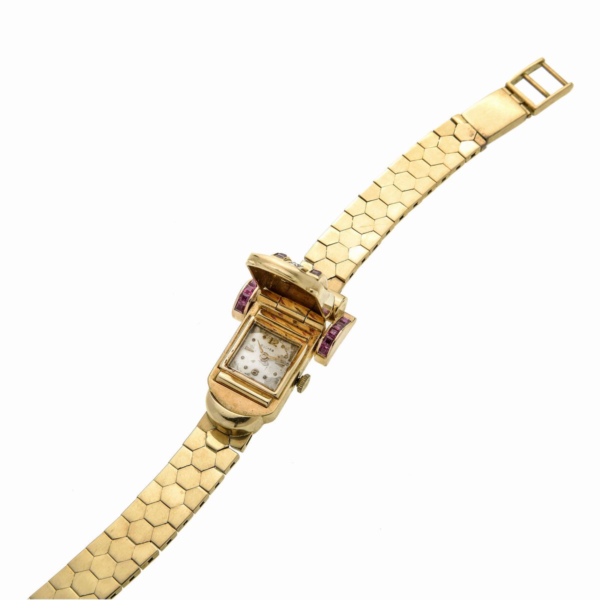 Bracciale orologio in oro giallo, diamanti e pietre rosse