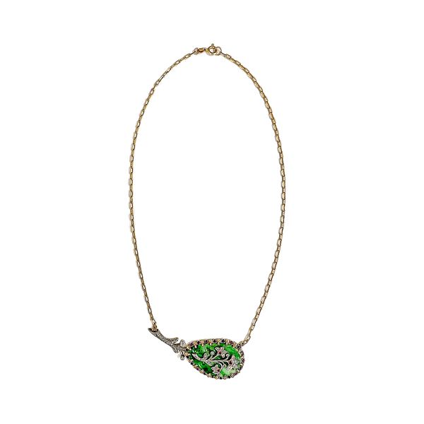 Necklace in yellow gold, white gold, jade, diamonds and rubies