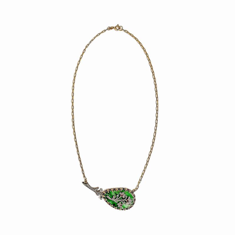Collana in oro giallo, oro bianco, giada, diamanti e rubini