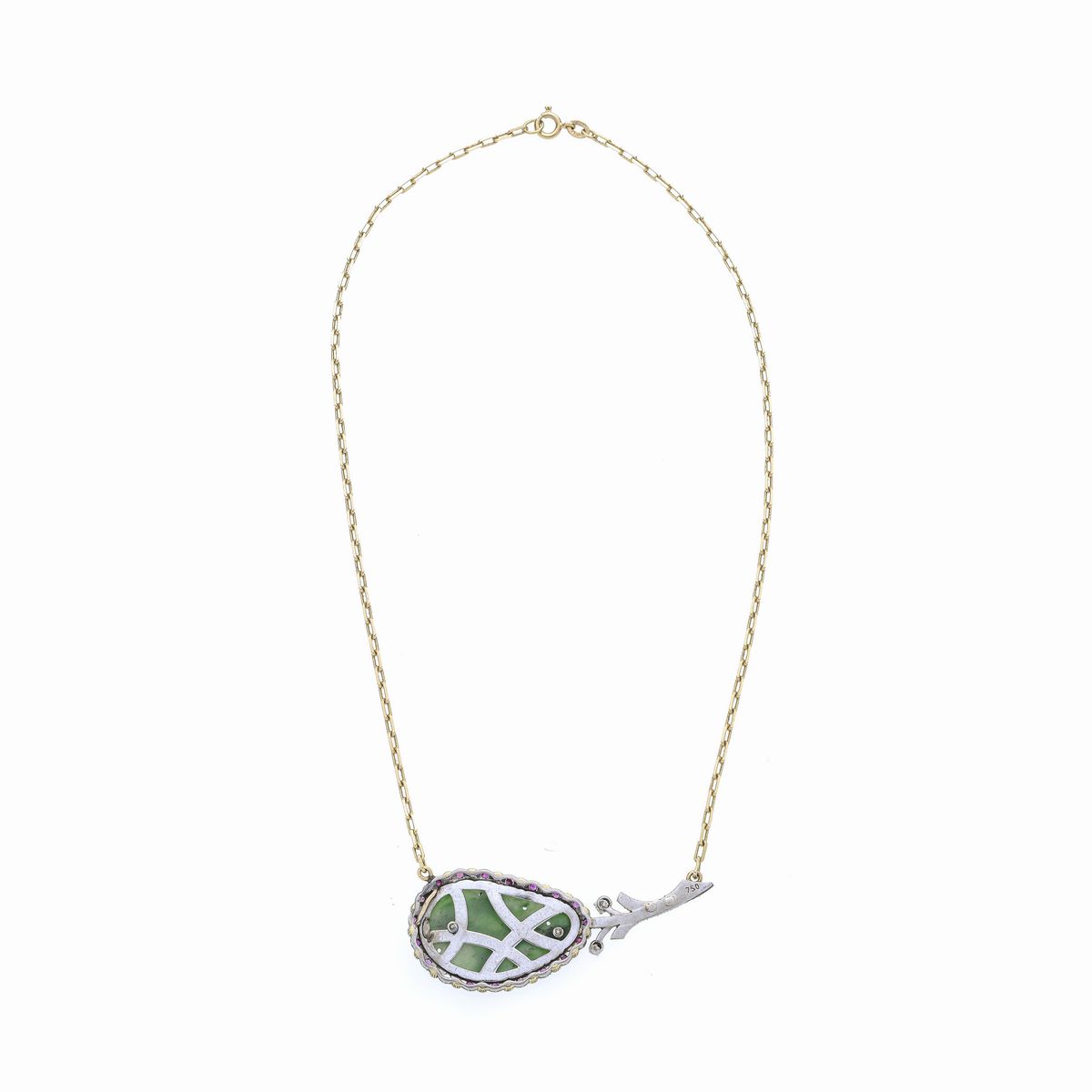 Collana in oro giallo, oro bianco, giada, diamanti e rubini
