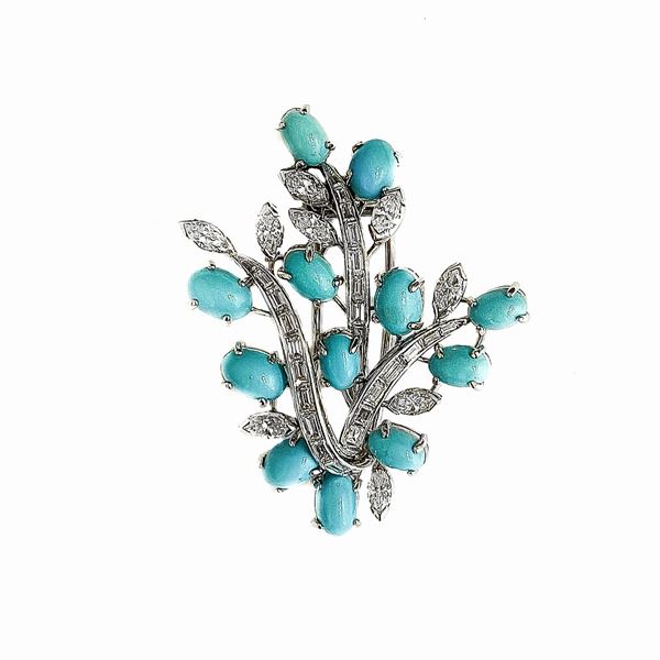 Clip floreale in oro bianco, diamanti e turchese