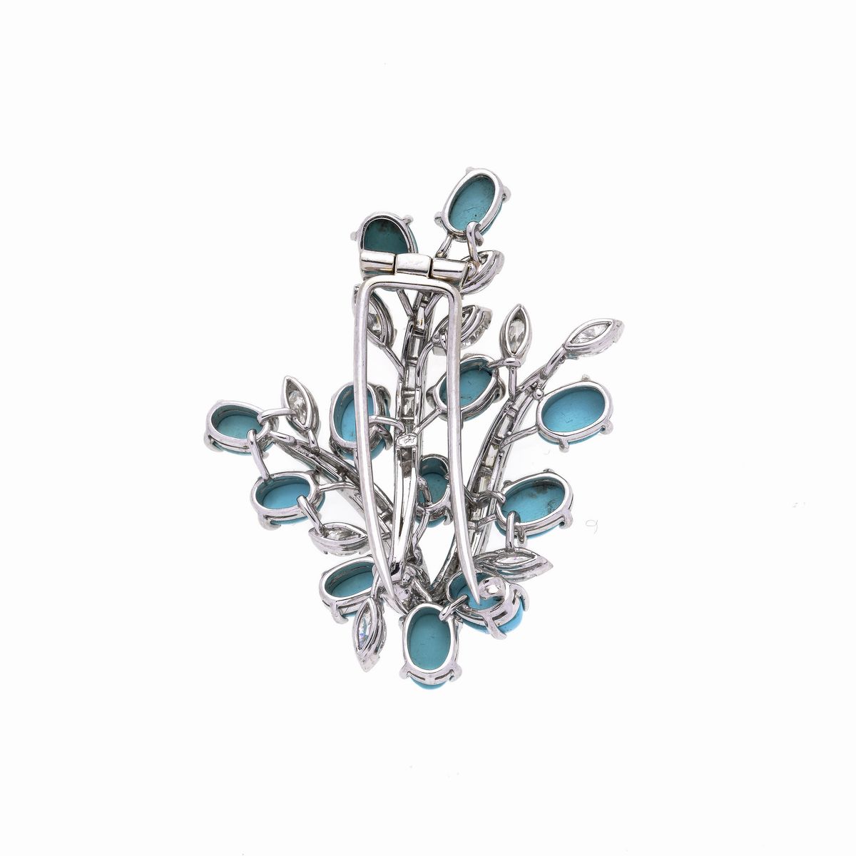Clip floreale in oro bianco, diamanti e turchese