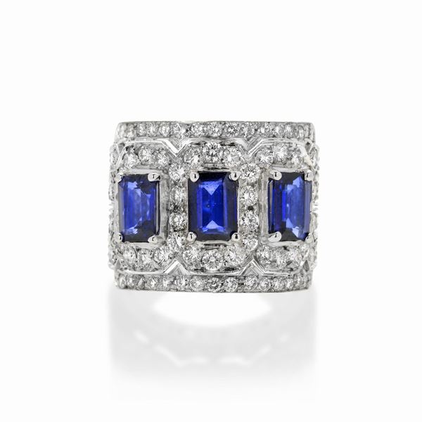 Band ring in white gold, diamonds and three sapphires