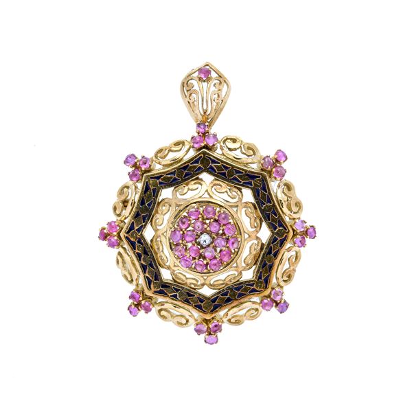 Pendant brooch in yellow gold, diamonds and rubies