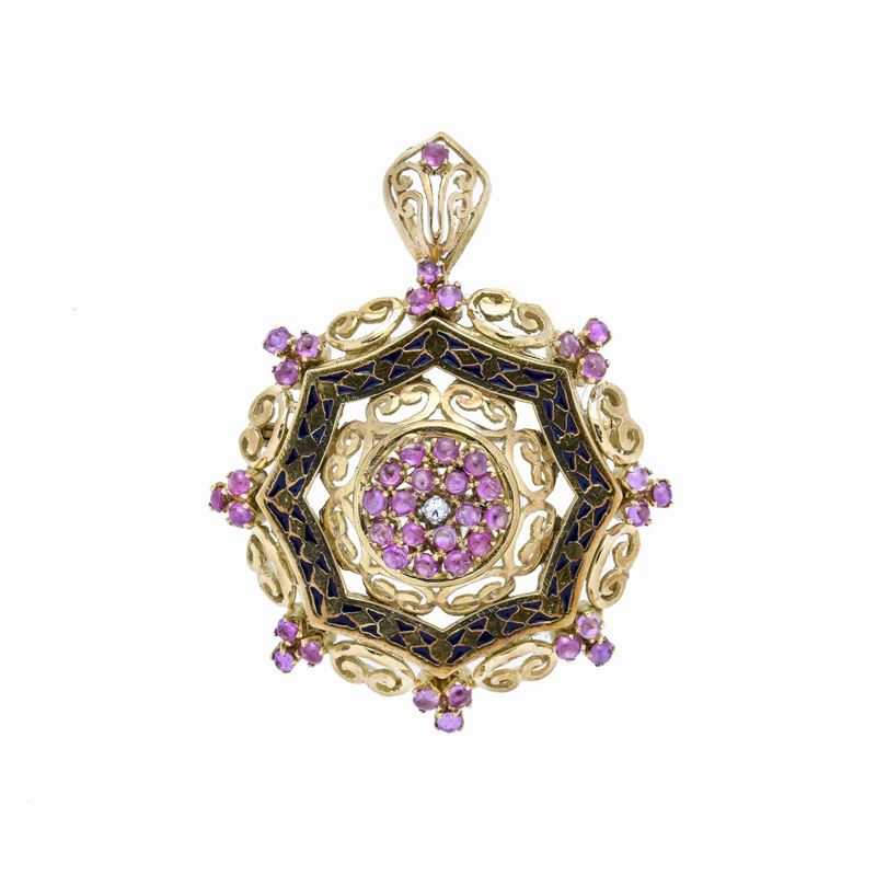 Spilla pendente in oro giallo, diamante e rubini