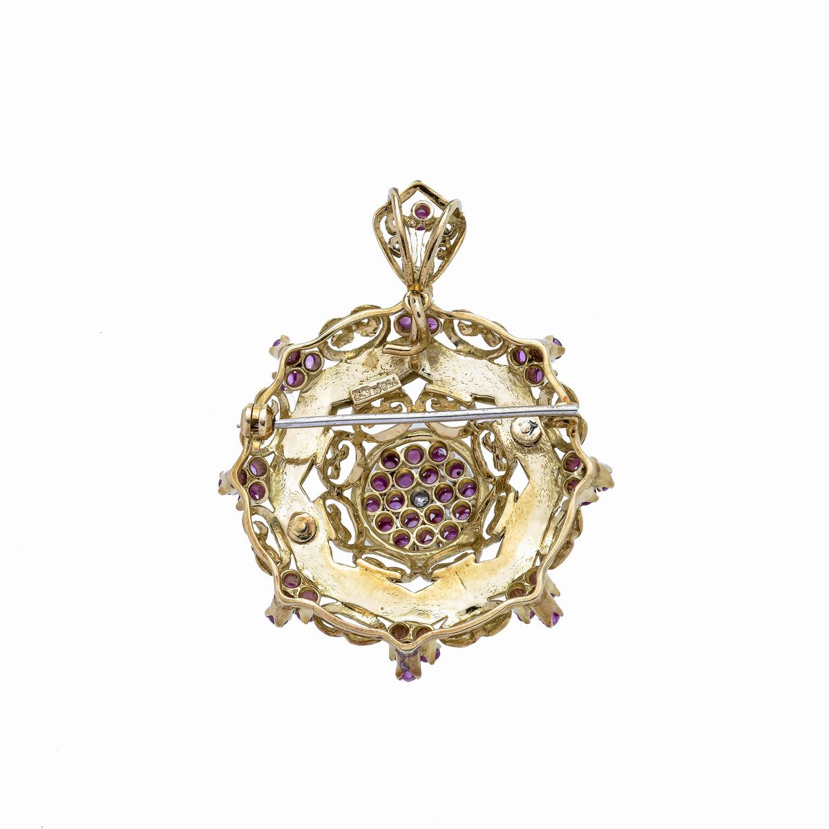 Spilla pendente in oro giallo, diamante e rubini