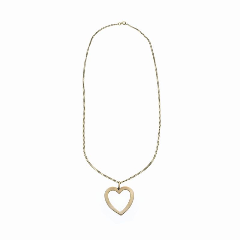 Lunga catena a maglie e pendente a cuore in oro giallo e oro rosa
