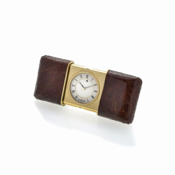 Travel alarm clock in golden metal and leather  - Auction Auction of antique and modern Jewelry and Wristwatches - Curio - Casa d'aste in Firenze