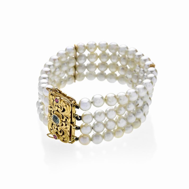 Bracciale con perle coltivate, oro giallo e quarzi colorati