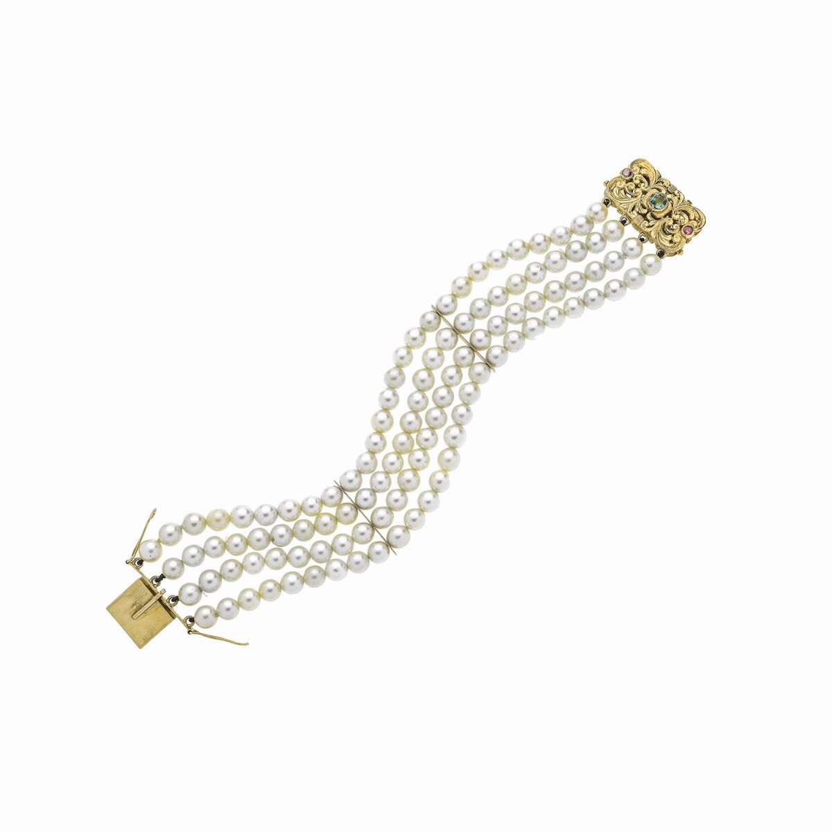 Bracciale con perle coltivate, oro giallo e quarzi colorati