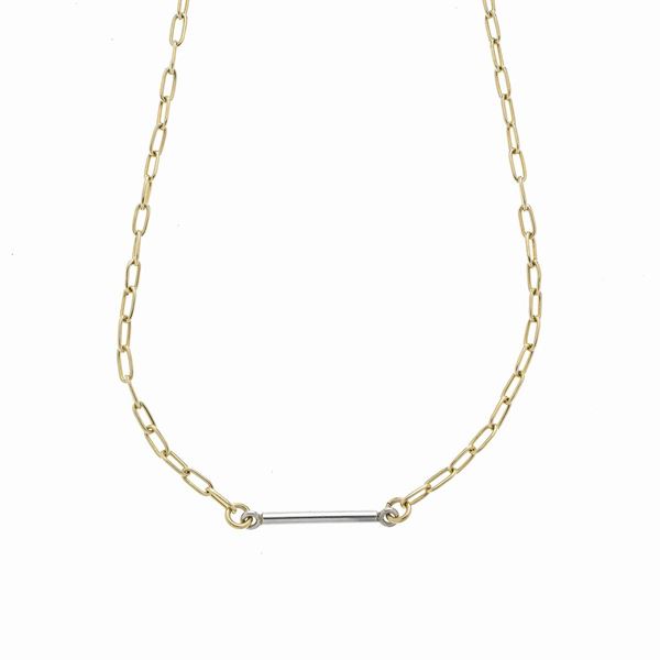 Lunga collana in oro giallo e oro bianco