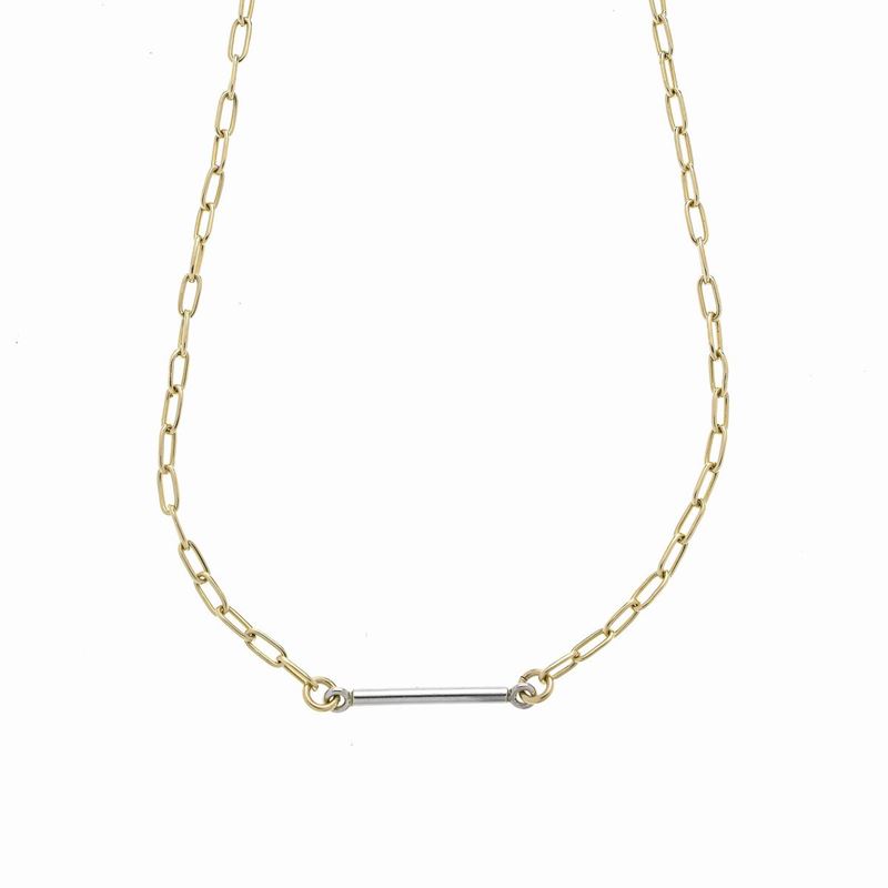 Lunga collana in oro giallo e oro bianco