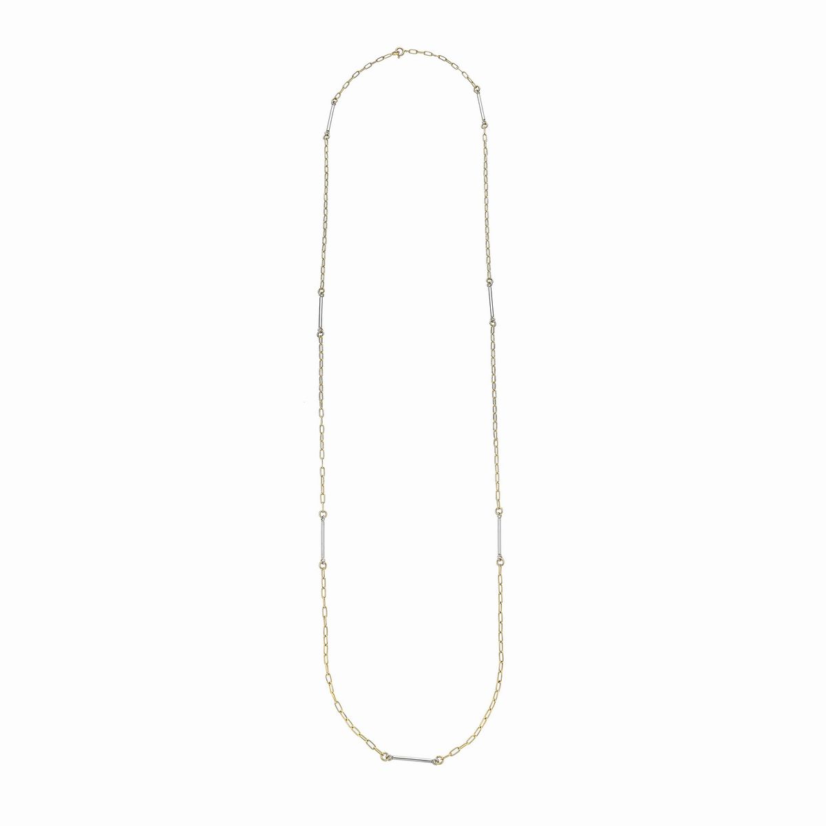 Lunga collana in oro giallo e oro bianco