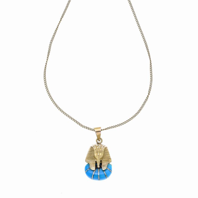 Lunga Catena con Pendente Egiziano in Oro Giallo e Smalto Turchese