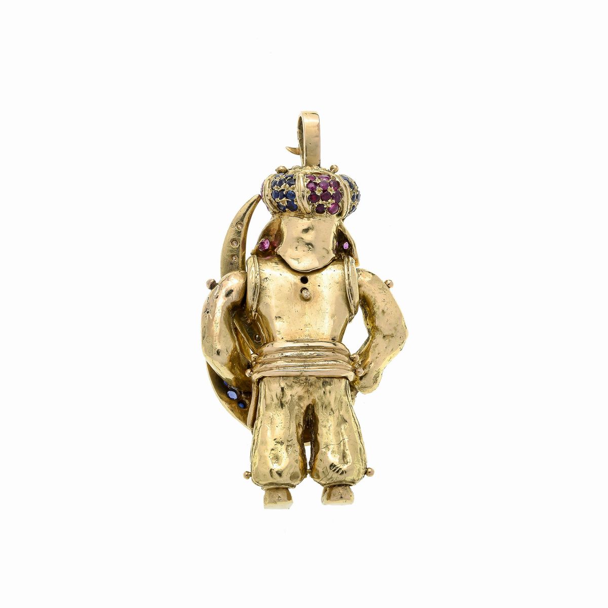 Grande pendente snodabile Saraceno in oro giallo, zaffiri, rubini e diamanti, firmata Moroni