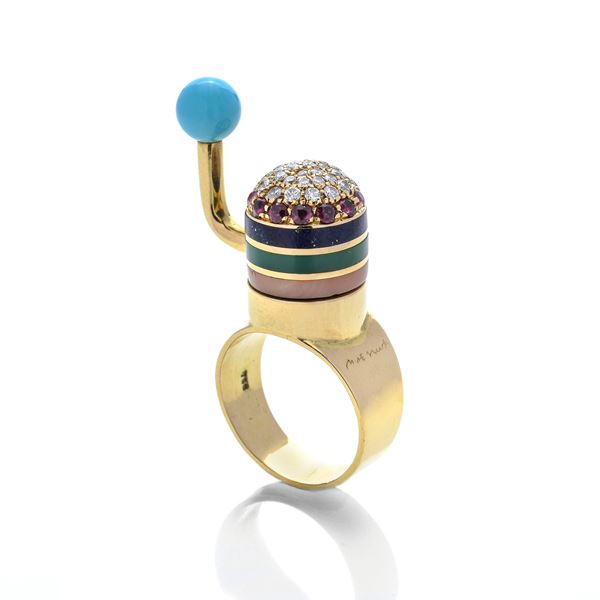 Michele de Lucchi ring in yellow gold, diamonds, rubies, turquoise, green agate and pink coral