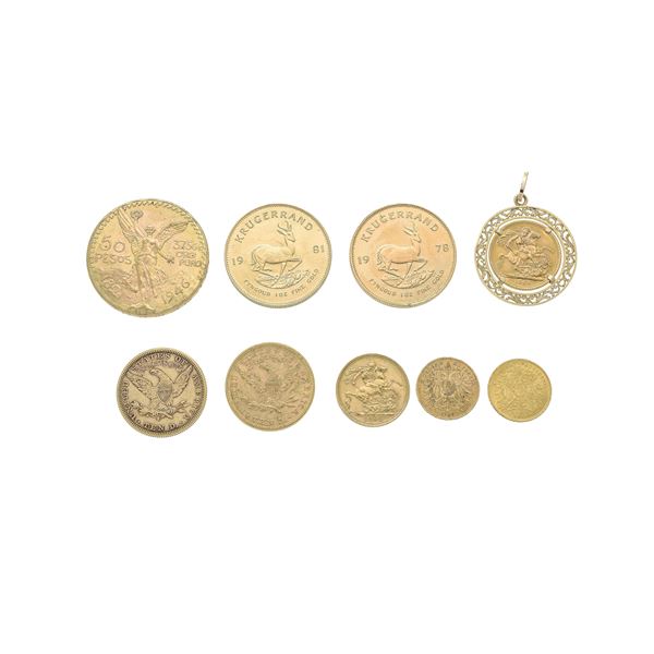 Lot of nine gold coins including Krugerrand, pounds, dollars, pesos and crowns