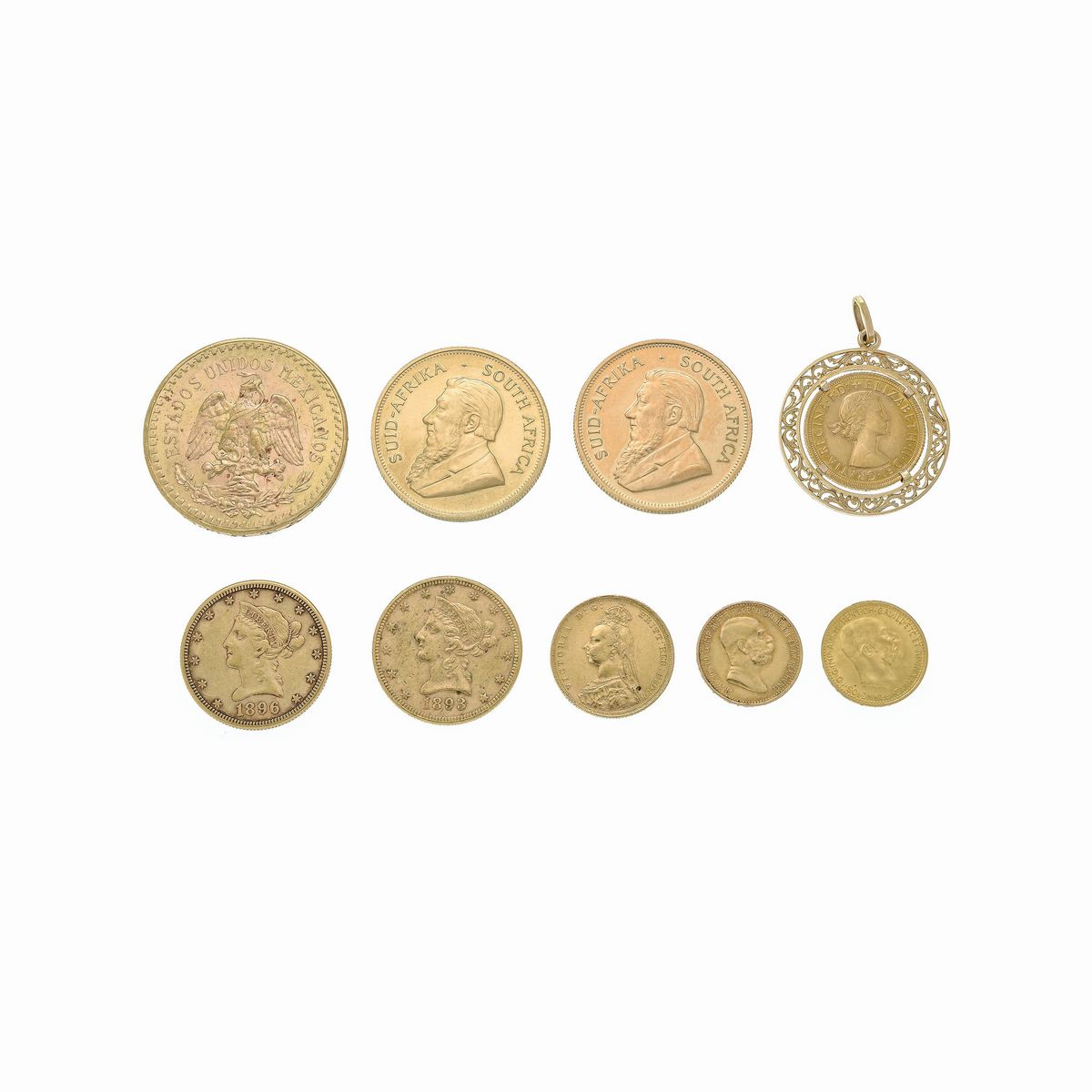 Lotto di Nove Monete in Oro tra Krugerrand, Sterline, Dollari, Pesos e Corone
