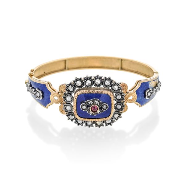 Rigid bracelet in yellow gold, silver, blue enamel, diamonds and rubies