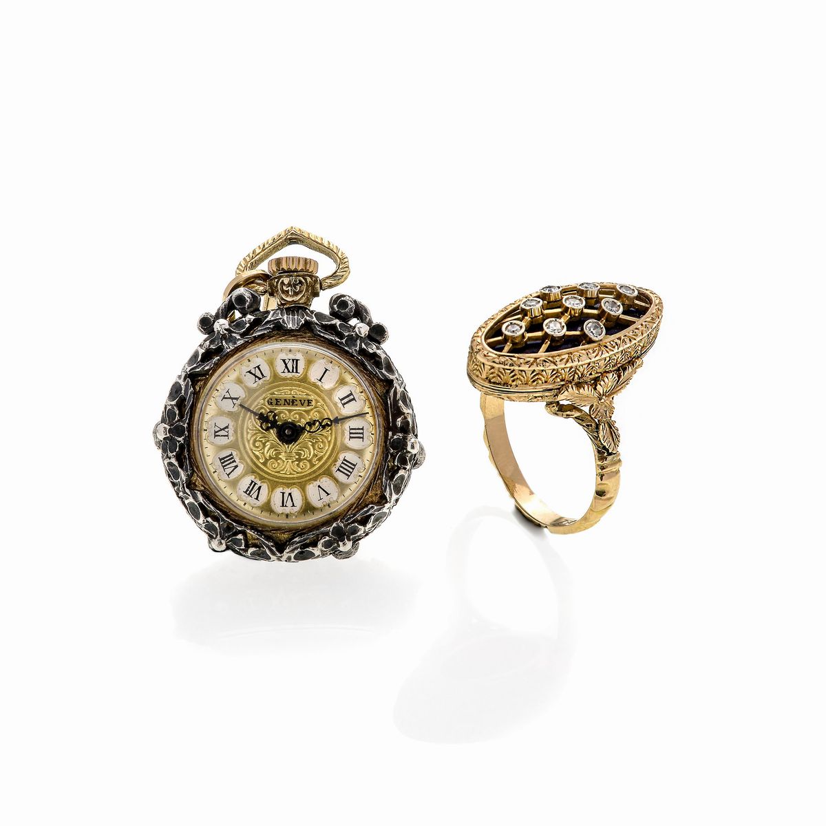 Catena da orologio con orologio e anello in oro giallo, argento, smalto blu, diamanti e perle