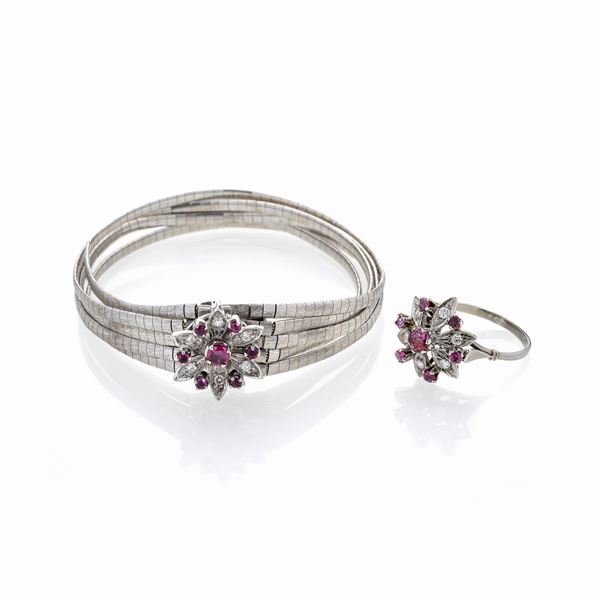 Bracciale e anello in oro bianco, diamanti e rubini