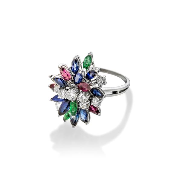 Ring in white gold, diamonds, rubies, sapphires and emeralds