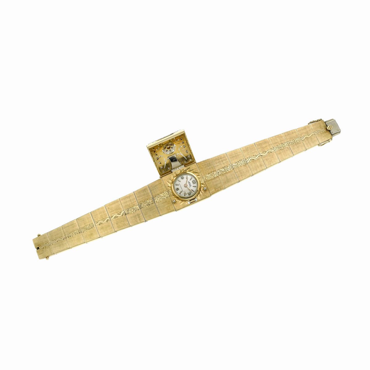 Bracciale orologio in oro giallo, oro bianco e diamanti