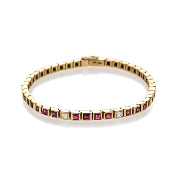 Tennis bracelet in yellow gold, rubies and diamonds
