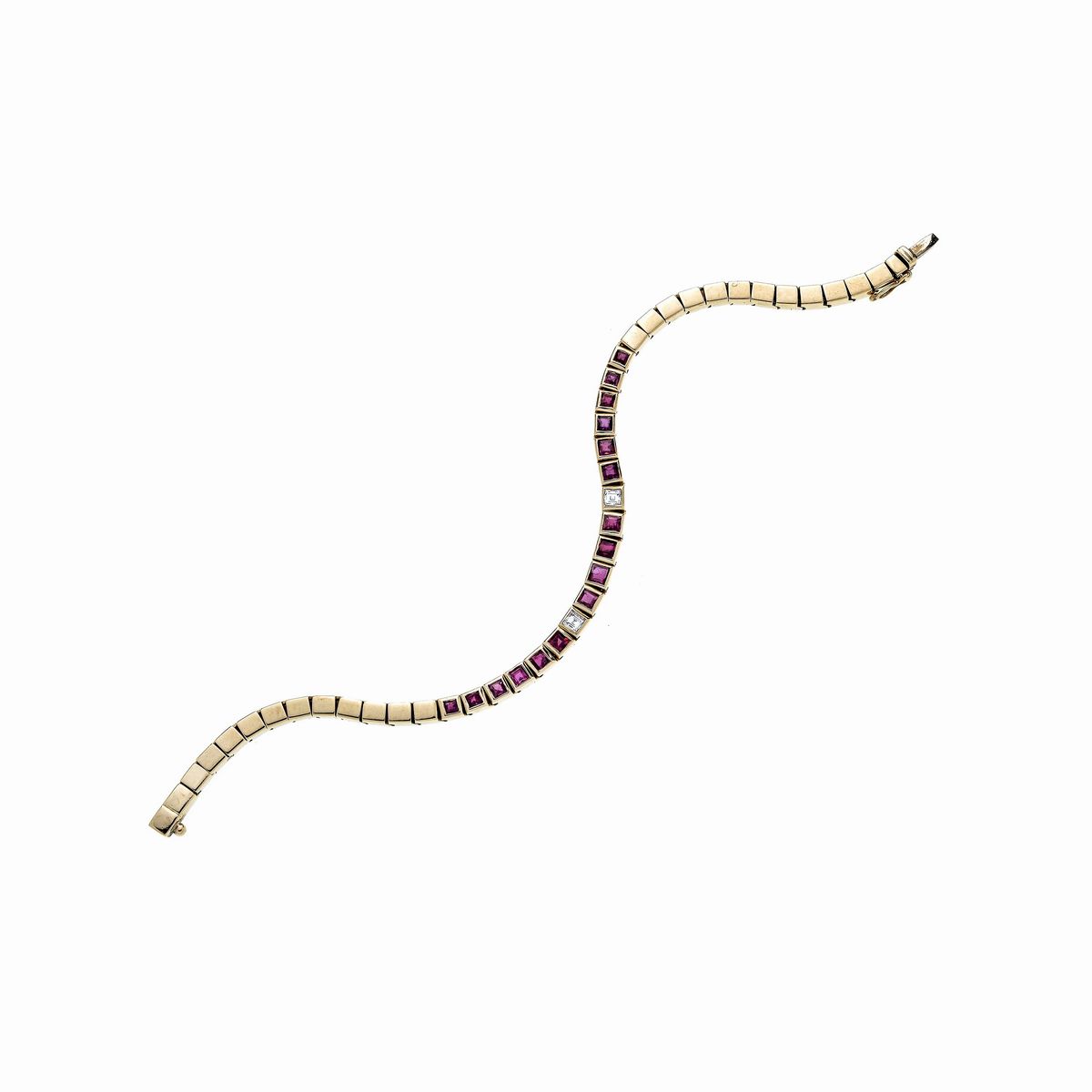 Bracciale tennis in oro giallo, rubini e diamanti