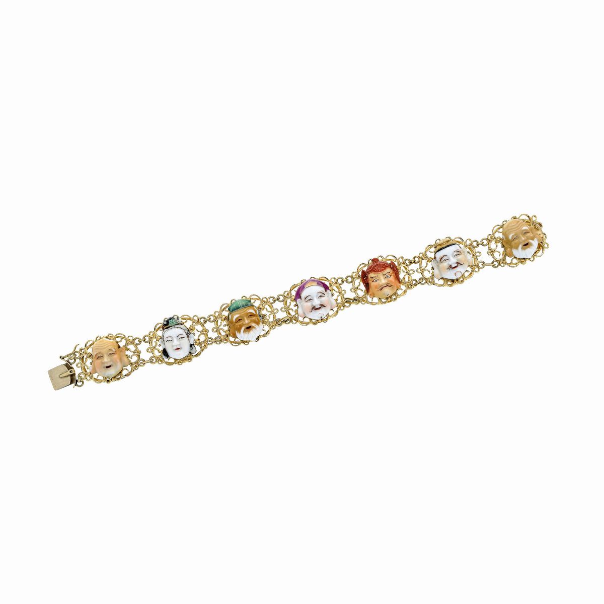 Bracciale in Oro Giallo, Maschere Orientali in Resina Dipinta e Passamaneria Rosa