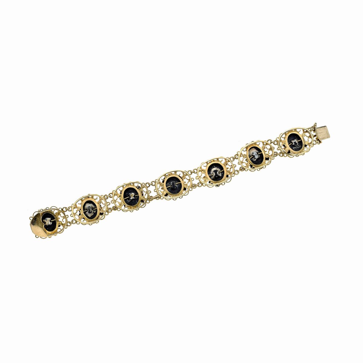 Bracciale in Oro Giallo, Maschere Orientali in Resina Dipinta e Passamaneria Rosa