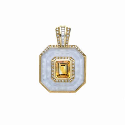 Grande Pendente in Oro Giallo, Cristallo di Rocca, Diamanti e Quarzo Citrino