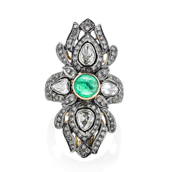 Large lozenge ring in low title gold, silver, diamonds and emerald