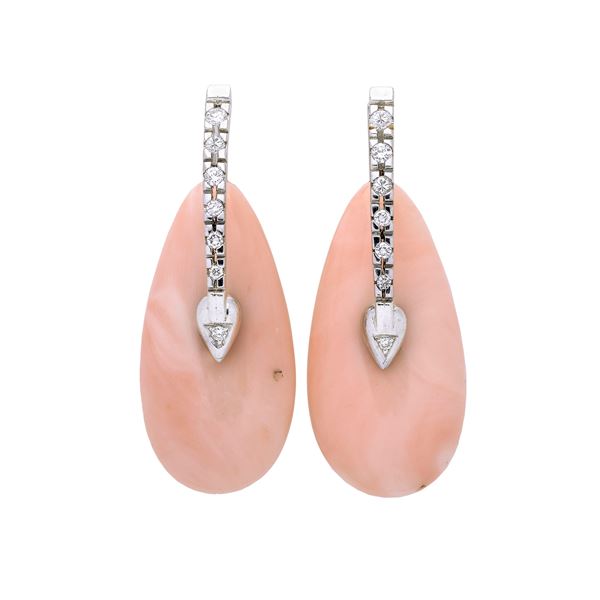 Pair of large pendant earrings in white gold, diamonds and pink coral